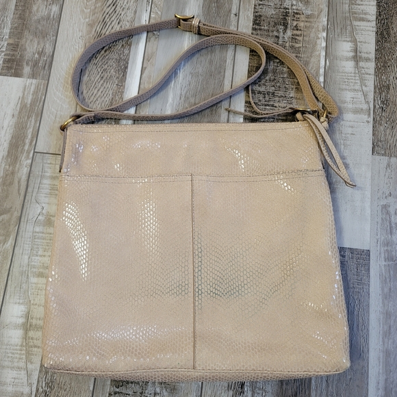 margot Handbags - Margot Leah Large Taupe Leather Snakeskin Texture Hobo Bag